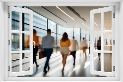 The business workplace with people in the walking move, be active in blurred motion in interior modern office space. blur office background bright tone