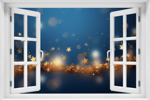 golden xmas stars on blue background for merry christmas or season greetings message,bright decoration.Elegant holiday season social post digital card. Copy type space for text or logo.
