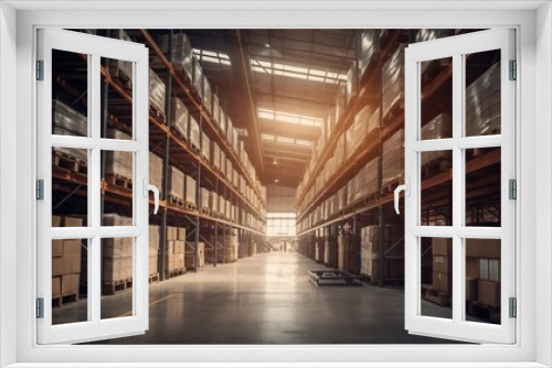 Retail warehouse full of shelves with goods in cartons, with pallets and forklifts. Logistics and transportation blurred background. Product distribution center. Warehouse concept. Delivery concept.