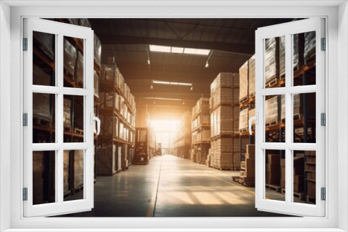 Retail warehouse full of shelves with goods in cartons, with pallets and forklifts. Logistics and transportation blurred background. Product distribution center. Warehouse concept. Delivery concept.