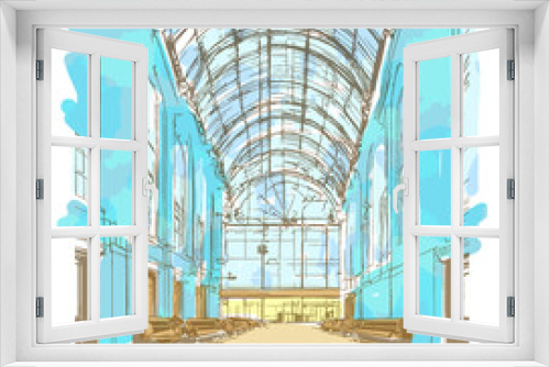 Fototapeta Naklejka Na Ścianę Okno 3D - European station with vaulted ceiling, windows and benches, hand drawn watercolor feel, blue tones, vector illustration
