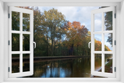 Fototapeta Naklejka Na Ścianę Okno 3D - This image captures the tranquil beauty of an autumn scene along a serene canal. Tall trees, exhibiting the warm spectrum of fall foliage, from deep greens to vibrant oranges and subtle yellows, line