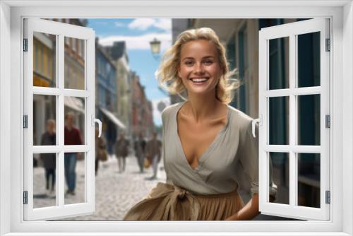 Joyous blonde woman in a bustling street, sunlight highlighting her carefree smile.