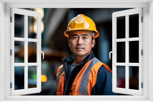 Young Asian builder in a safety helmet and uniform looks at the camera against a construction background.