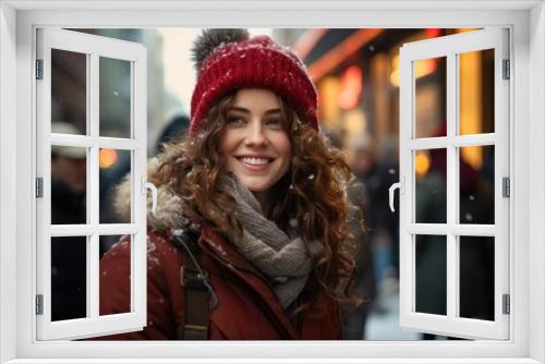 a woman's smiling as she walks down the street in Christmas holiday,