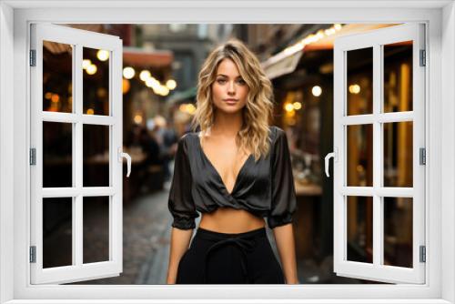 A beautiful young woman in stylish clothing posing confidently on a vibrant city street lined with shops and restaurants.