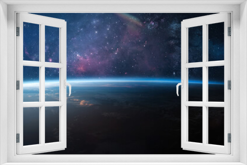 Fototapeta Naklejka Na Ścianę Okno 3D - Earth planet horizon. Earth orbit in sunrise in deep space with stars. Planet at night. Elements of this image furnished by NASA