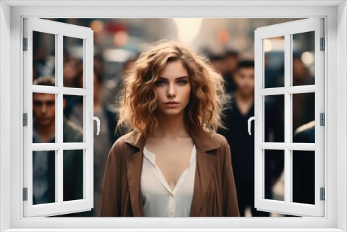 Woman standing in the background crowd at the street in the busy city. Generative AI.