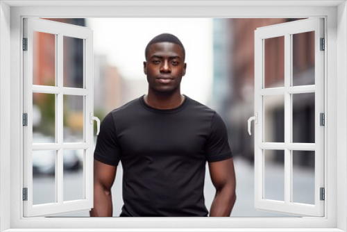 Young African american Model wearing black T-Shirt Mockup, in a city street T- Shirt Mockup Template on adult for design print