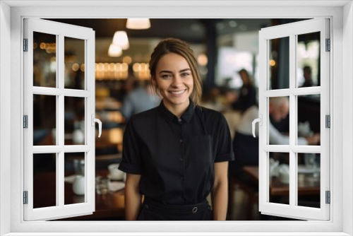 Portrait of smiling young waitress in cafe or bar