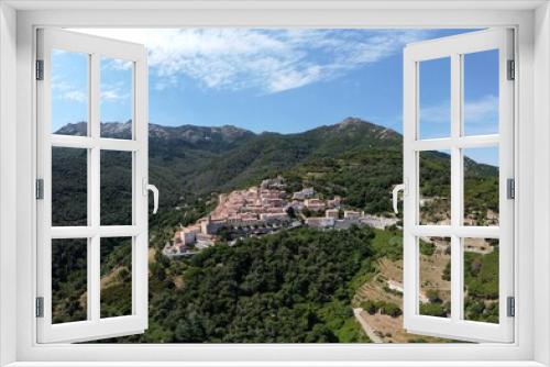 Aerial view of the village of Marciana alta. Marciana, Elba island, Livorno, Italy