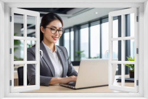 Asian business woman working on notebook laptop in the modern office. Startup, online, marketing concept.Generative AI