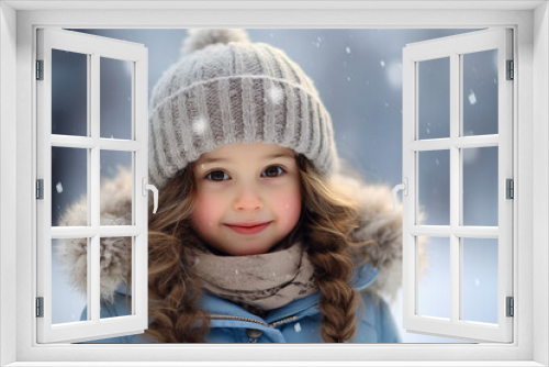 AI generated picture of charming cheerful happy woman on snowy winter landscape background