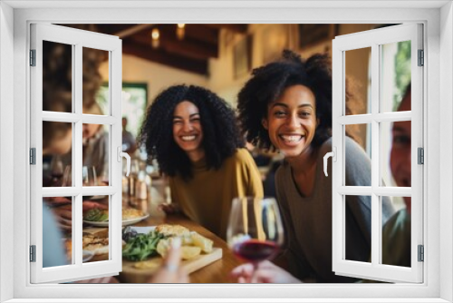 Smiling young and diverse young people sitting in restaurant