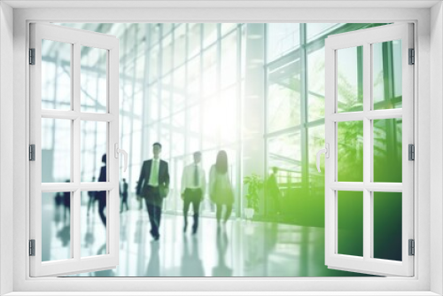 Blurred background business people walking in the hall of modern glass office, business center, shopping center, bank. Business concept, modern interior with living green plants. Eco style