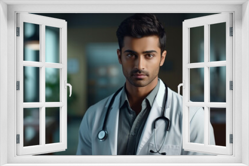 Portrait of young male doctor with stethoscope in hospital corridor