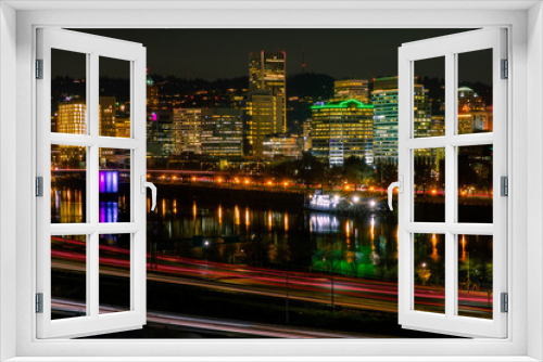Fototapeta Naklejka Na Ścianę Okno 3D - Portland, Oregon - USA, Bridge at Night - downtown Oregon in background