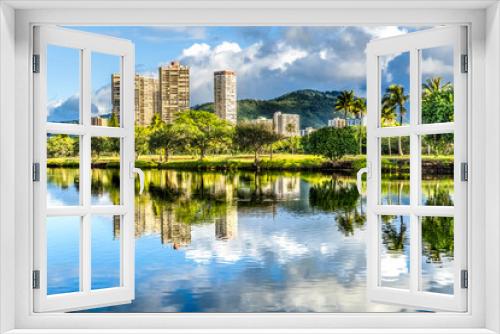 Fototapeta Naklejka Na Ścianę Okno 3D - Colorful Green Trees Buildings Ala Wai Canal Reflection Honolulu Hawaii
