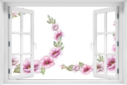 Fototapeta Naklejka Na Ścianę Okno 3D - Frame, wreath, ring, of pink flowers, roses floral frame, vignette isolated on white background. Bouquet of flower composition. Templates. Watercolor. Illustration. Hand drawing. Greeting card design