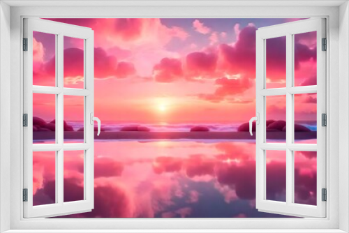 Fototapeta Naklejka Na Ścianę Okno 3D - 3D panoramic abstract fantasy background. Wonderful wallpaper of the countryside. A serene seascape beneath a cloud-filled, pink sunset sky. Neon arch and rounded mirrors.