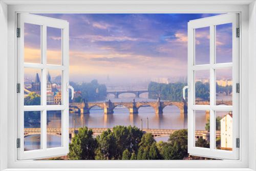 Fototapeta Naklejka Na Ścianę Okno 3D - City summer landscape, panorama, banner - top view of the historical center of Prague and the Vltava river with bridges, Czech Republic