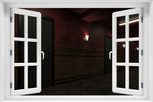 Fototapeta Naklejka Na Ścianę Okno 3D - old dark scary red corridor
