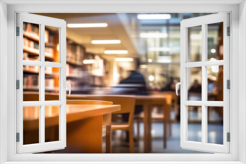 Blurred image of library with bookshelf and people in background, Blurry college library, Bookshelves and a classroom in blurry focus, AI Generated