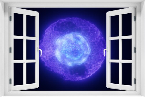 Fototapeta Naklejka Na Ścianę Okno 3D - Abstract purple energy glowing digital sphere atom made of iridescent energy from moving electric plasma liquid on black background