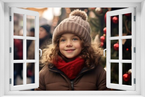 Little girl in winter clothes near a Christmas tree at a market, showcasing holiday spirit and family.