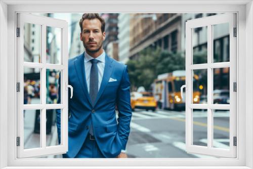 Attractive Businessman Wearing a Blue Suit Outdoors in the City