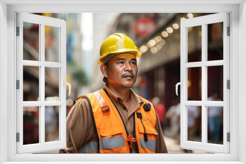 Male construction worker in safety jacket and hat is walking