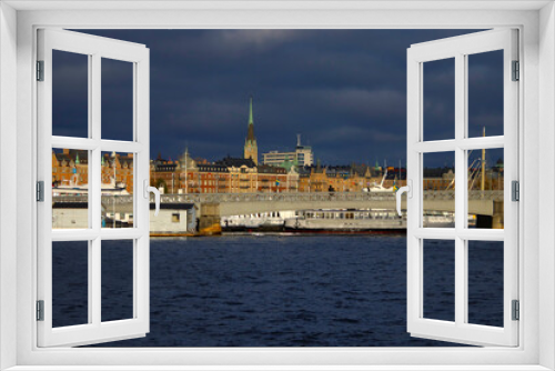 cityscape of Stockholm with dark clouds