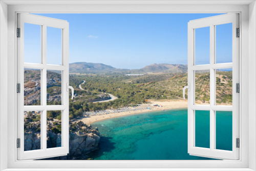 Fototapeta Naklejka Na Ścianę Okno 3D - The barren rocky coast and sandy beach of Vai , Europe, Greece, Crete, towards Sitia, By the Mediterranean Sea, in summer, on a sunny day.