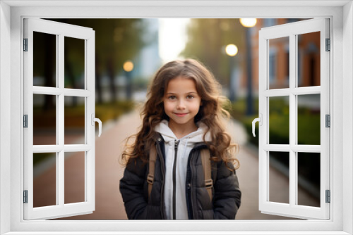 Cute little caucasian girl at outdoors with a student backpack