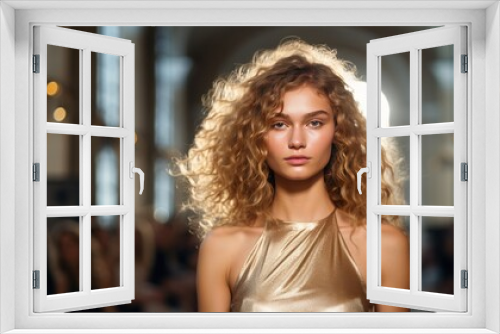 A blonde woman with curly hair in a slightly wavy golden dress walks the runway.