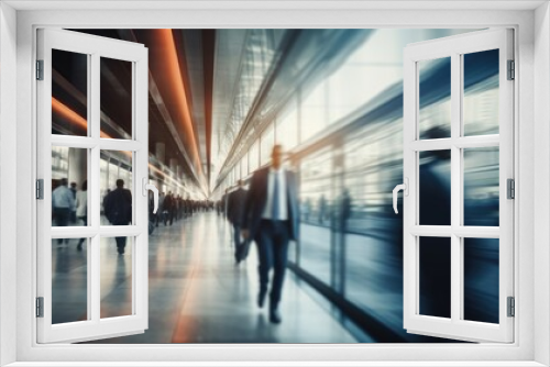 A blurry image of people walking in a building, busy train station, commuters travelling during rush hour.