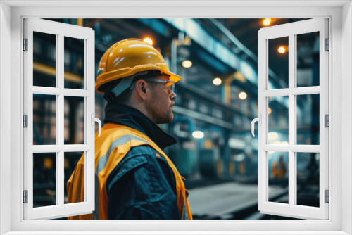 Portrait of a man in a construction helmet at work in a workshop at a factory