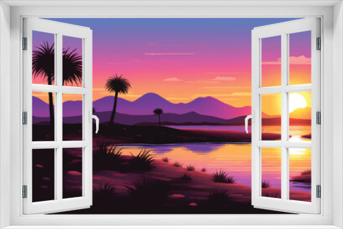 Fototapeta Naklejka Na Ścianę Okno 3D - Beautiful Sunset Landscape in mountains and desert. Landscape showing view of nature and sunset. Vector illustration. Sunset in desert.