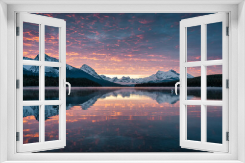 Fototapeta Naklejka Na Ścianę Okno 3D - Rocky mountains with colorful sky reflection in Maligne Lake at Jasper national park, Canada