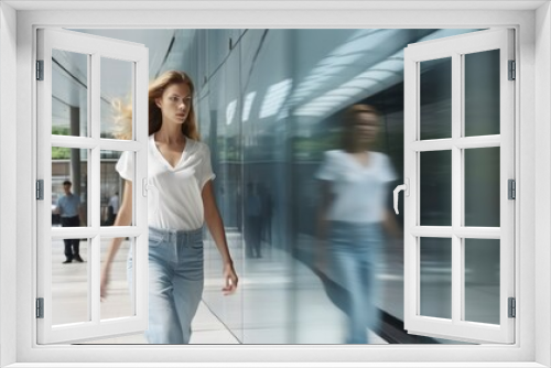 Capturing the Blurred Motion of a Woman Stepping into a Building. Generative AI