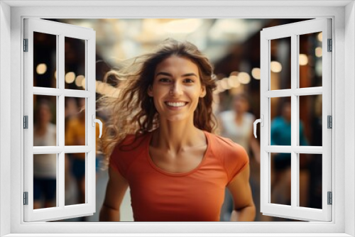 happy woman running on the background of a crowd of people