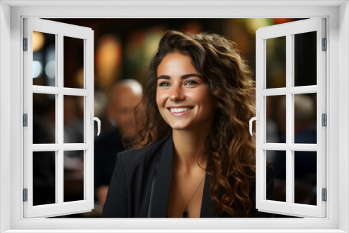 Portrait of a beautiful young woman with curly hair in a restaurant