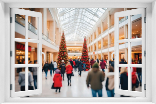 Blurred image of people walking in shopping mall during Christmas and New Year holidays concept.