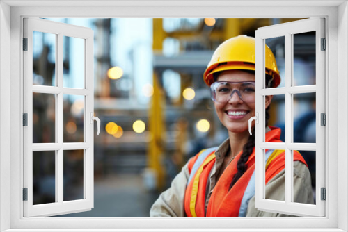 smiling female engineer with safety helmet and vest in an industrial plant