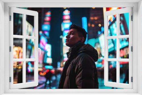 Futuristic city with a man. Handsome guy standing in the middle of a neon city lights. Skyscrapers and businesses with blinking advertisements. 