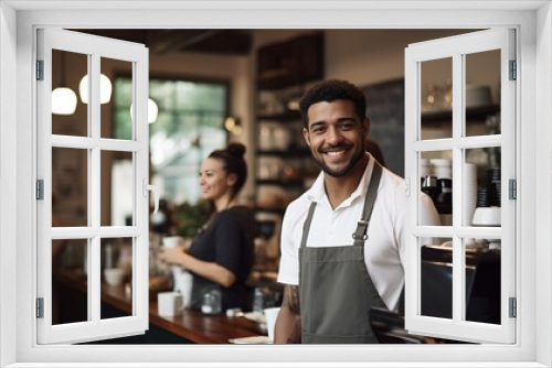 A barista making coffee behind a counter, coffee shop ambiance , barista, coffee making, counter, coffee shop