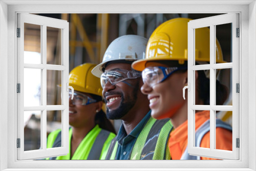 A group of multi-ethnic workers at a construction site wearing hard hats