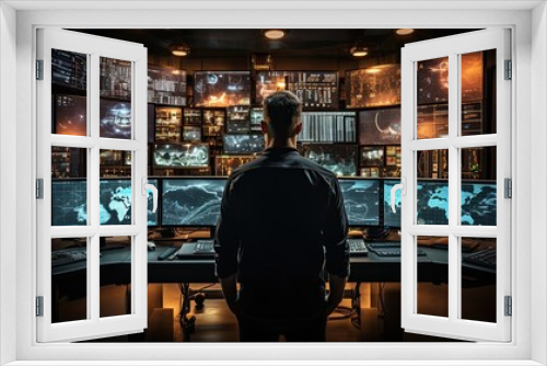 A person in a command center monitoring data flows for anomalies, symbolizing the vigilant protection of information assets
