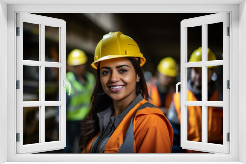 Female factory worker wearing safety uniform and helmet working in industry plant. Generative AI.