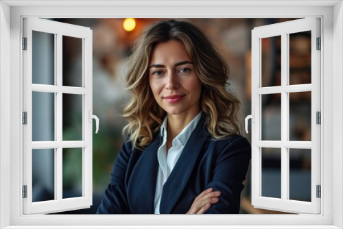 A confident woman stands in front of a rustic building, her layered hair and street fashion exuding a sense of cool sophistication as she flashes a charming smile with her arms crossed and a fashiona